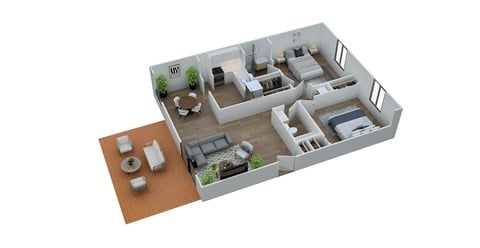 Floor plan for 2 beds, 2 baths, 975 sqft
